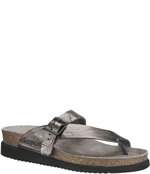 MEPHISTO HELEN  WOMENS SZ 6  (EU 36) PEWTER METALLIC LEATHER THONG SANDALS CORK - Image 1 of 4