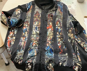 VNTG HUDSON UNISEX BOMBER JACKET CHURCH STAIN GLASS PIC ART EUC 2X RUNS ML-W1X - Picture 1 of 11