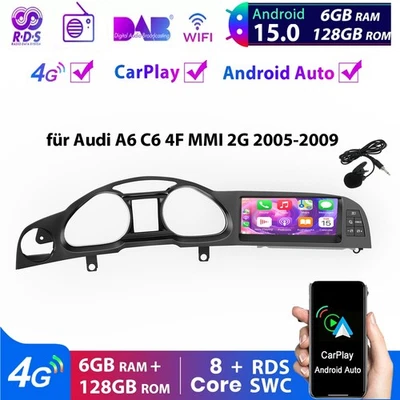 DAB+ Carplay Android 15 Multimedia Autoradio 4G Für Audi A6 C6 4F MMI 2G 2005-09 - Bild 1 von 4