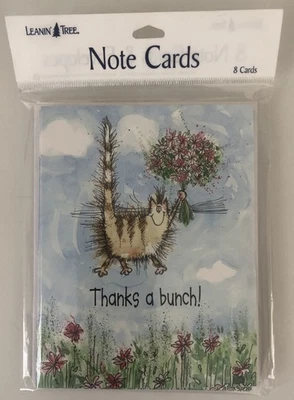 8 Leanin Tree Cards Blank Inside, THANKS A BUNCH! Cat w/ Flowers, FULL Color Int - Image 1 of 2