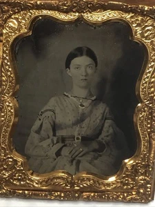 Antique 1860's Tintype Photograph Pretty Woman Civil War Era Dress Gold Jewelry - Picture 1 of 9