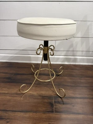 Vintage Hollywood Regency Gold Metal Vanity Adjustable Swivel Stool White MCM - Image 1 of 4