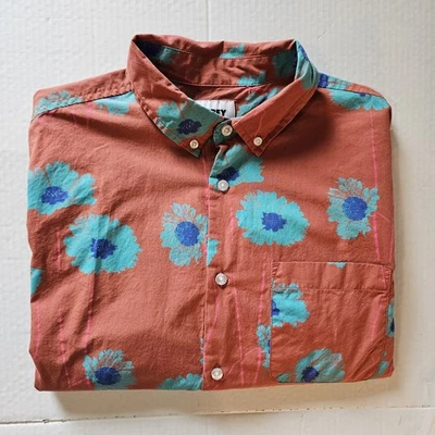 Obey Floral Print Button Down Dress Shirt Mens M Coral Teal Daisy Long Sleeve  - Image 1 of 4