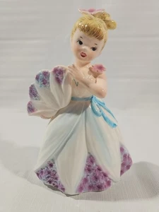 ENESCO Lavender Flower Petal Dress Blonde Girl 7" Figurine w/Fan Vintage RARE - Picture 1 of 17