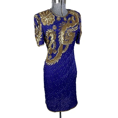 Vintage Lawrence Kazar Cocktail Dress Silk Beaded Sequins Size XS Purple Gold - Image 1 of 4