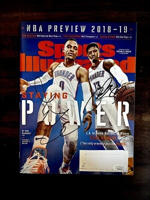 Cubierta ilustrada deportiva autografiada por Russell Westbrook Paul George certificada por la JSA Foto 1 de 4
