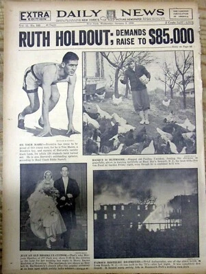 1930 NY DAILY NEWS NEWSPAPER BABE RUTH HOLDS OUT FOR SALARY INCREASE TO $85,000 - Image 1 of 4