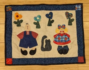 Quilted Applique Wall Hanging Handmade Couple with Cat & Flowers 18.5"x 14" - Picture 1 of 6