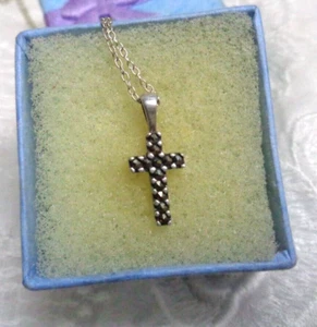Vtg ITALY .925 Sterling Silver MARCASITE Miniature Petite CROSS Necklace 16" L - Picture 1 of 13