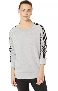 Adidas Women's Cotton Fleece 3 Stripes Crew Neck Gray Sweatshirt Sz S DQ1414 NEW - Picture 1 of 12