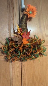 Handmade Fall Hat Wreath With Pumpkin Leaves & Flower - Picture 1 of 2
