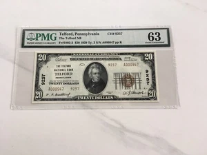 20.00 1929 National Bank Note Telford Pennsylvania PMG 63 Choice Unc.pin Holes - Picture 1 of 2