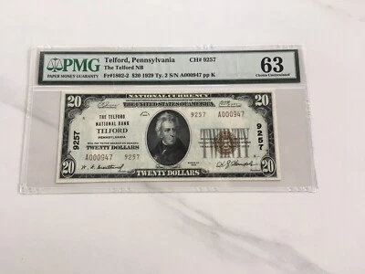 20.00 1929 National Bank Note Telford Pennsylvania PMG 63 Choice Unc.pin Holes - Image 1 of 2