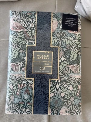 NEW WILLIAM MORRIS Home 3PC KING Sateen Cotton Duvet Cover Set Bird Dark Mineral - Image 1 of 3