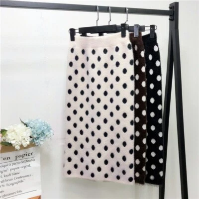 Women Knitted Midi Pencil Skirt Polka Dots Spotted Faux Mink Fur Winter Warm - Imagem 1 de 4