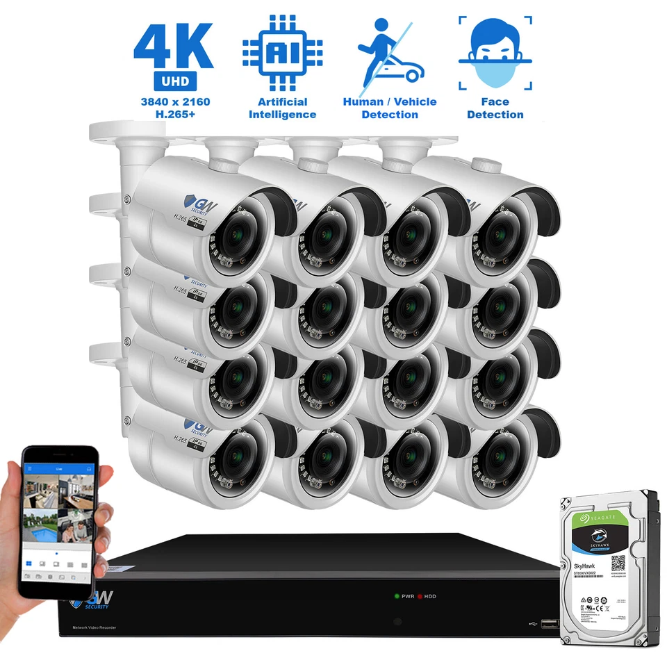 16 Channel NVR 4K 8MP Outdoor AI Face Recognition Bullet Security Camera System - Image 1 of 4