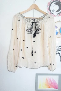Hippie Bluse bestickt Stickerei creme schwarz Ethno Folklore Langarm XS S M 36 - Bild 1 von 3