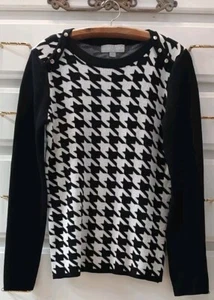VTG Carolyn Taylor SzS Knit Jumper Sweater Houndstooth Gold Stud Shoulder Trim - Picture 1 of 7