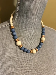 Vintage Beaded Necklace, Blue Beige Woof Retro Jewelry 19” Chips Pastel Colors - Picture 1 of 3