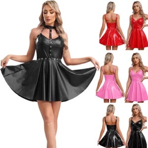 UK Women's Leather Gothic Punk Mini Dress Halter Backless Cutout Flared Clubwear - Picture 1 of 44