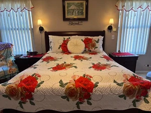 Red Rose Quilt Corrugated Bedspread Comforter Queen/Full & 2 Shams 96" X 86" - Picture 1 of 10