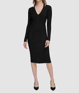Calvin Klein Women's Black Cutout Long Sleeve V-Neck Sweater Dress Size XL - Picture 1 of 4