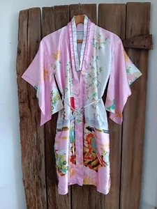 Shanghai Soho Girls Pink Satin Kimono Robe Asian Floral Geisha - Picture 1 of 18