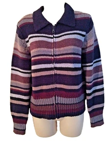 Kasper & Company Striped Cardigan Sweater Medium NWOT Purple Zipper Collar - Picture 1 of 8