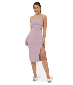 Ruched Split Backless Crisscross Lace Up Bodycon Midi Casual Dress - Picture 1 of 3