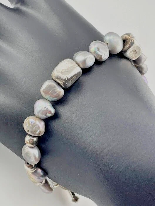 925 STERLING SILVER GRAY PEARL AND SILVER BEAD BRACELET 7.5" CASUAL ELEGANT 2535 - Image 1 of 1