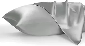 Queen Size Satin Pillowcases Set of 2, Cooling Envelope Closure, Silver Grey - Picture 1 of 12