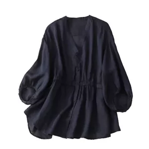 Women V-neck Blouse Shirt Top Cotton Linen Loose Button Casual Tie Waist - Picture 1 of 16