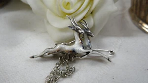 Antique Art Deco  Solid Silver Enamel Brooch Springboks at Top Speed - Picture 1 of 11