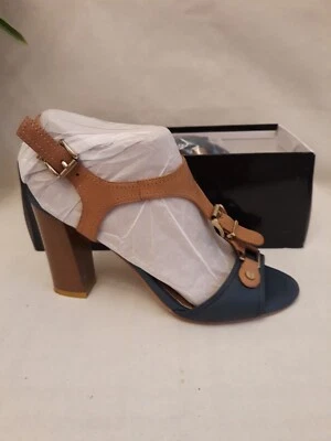 Sandalias de tacón alto de cuero azul/chocolate de diseñador europeo talla 9 Foto 1 de 4