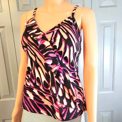 Camiseta de natación Tankini CARIBBEAN JOE talla 12 diagonal con volantes envolventes sintéticos multicolor usada en excelente estado Foto 1 de 4