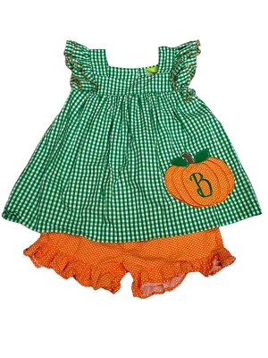 Classic Whimsy Gingham  Green Pumpkin Poppy Short Set Dress / Jumper Girl's Sz 6 - Image 1 of 4