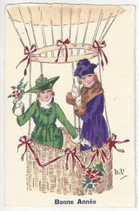 1917 Artista Firmado Elegante Mujeres en Globo a Aire Caliente, Año Nuevo Postal de Saludo - Imagen 1 de 2