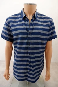 Armani Exchange Mens Collared Shirt Size XL Navy Grey Striped Short Sleeve - Picture 1 of 9