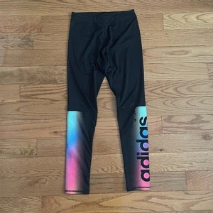 Adidas Girls Large Leggings Black Rainbow Performance Logo Climate - Picture 1 of 4