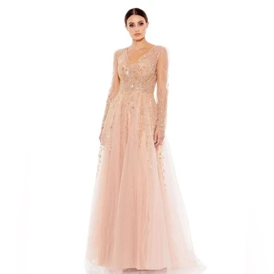 Mac Duggal EMBELLISHED V NECK LONG SLEEVE A LINE GOWN size 14 in pink - Image 1 of 4