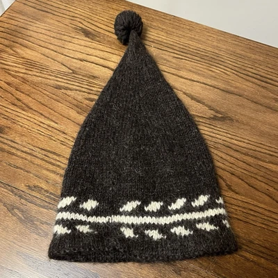 手工羊毛羊驼手工针织冬帽 Pom 棕色 复古 舒适 Beanie Fair Isle — 第 1/4 张图片