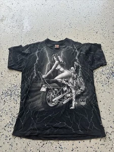 Vintage 1995 Sturgis 3D Emblem Harley Pin Up Biker Girl Lightening L Tshirt - Picture 1 of 6