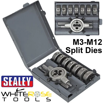 Conjunto de matriz dividida Sealey 9 peças métrica M3-M12 conjunto de reparo de rosca suporte de matriz de aço - Imagem 1 de 4