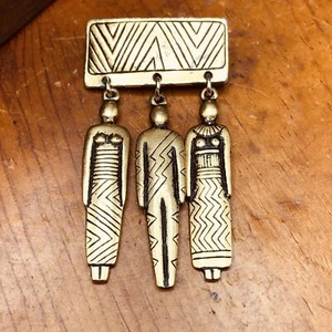 Vtg 90s Brushed Gold Tone Tribal Women Dangle Brooch Ethnic Design 2.25" - Picture 1 of 6