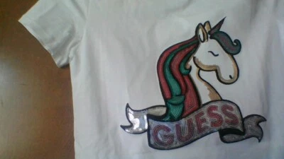 GUESS Kids Size 14 BLING Rainbow Unicorn Logo Short Sleeve T-Shirt EXCELLENT CON - Image 1 of 4