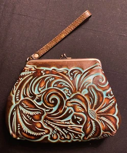 Patricia Nash Dark Brown Leather Wristlet Clutch Clasp Turquoise Tooled Paisley - Picture 1 of 5