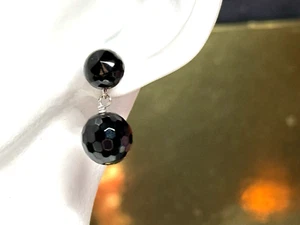 Vintage Sterling Silver 925 Earrings Dangle Drop Stud Black Onyx - Picture 1 of 5