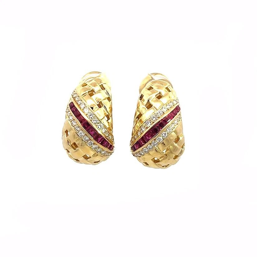 Tiffany & Co. Vannerie Gold Earrings Ruby Diamond 18k Yellow Huggie - Image 1 of 4