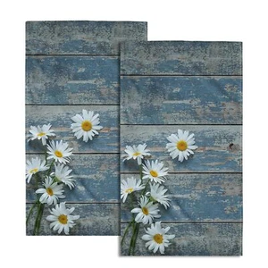 Rustic Daisy Wood Grain Hand Towel15x30 Set of 2Country Retro Flower on Light... - Picture 1 of 8