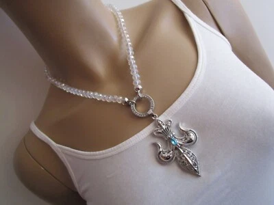 Strass Collier Hals Kette kurz Perlen Transparent Silber Carrier Fleur de Lis - Bild 1 von 4